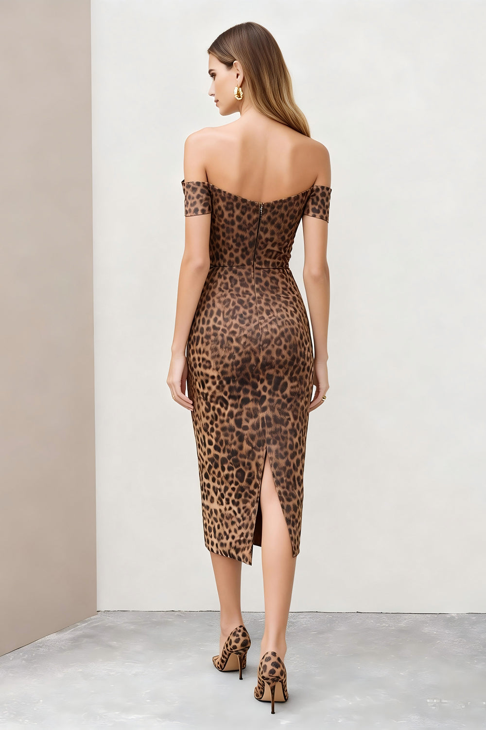Brown Leopard Print Off the Shoulder Midi Pencil Work Dress with Slit