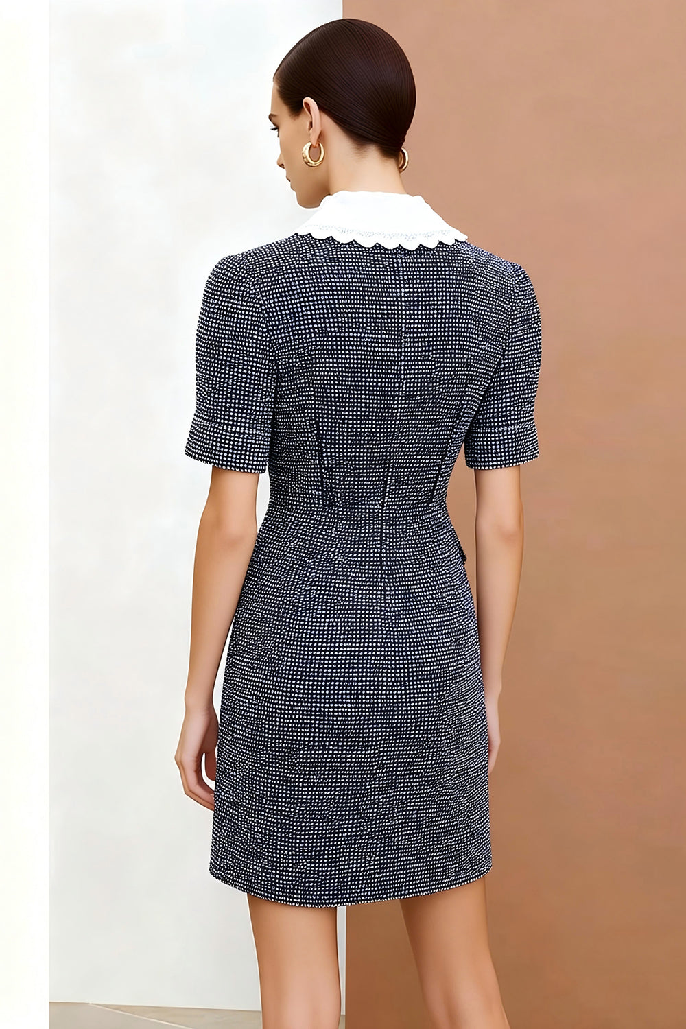 Dark Grey Single Breasted Tweed Short Work Dress with Sleeves