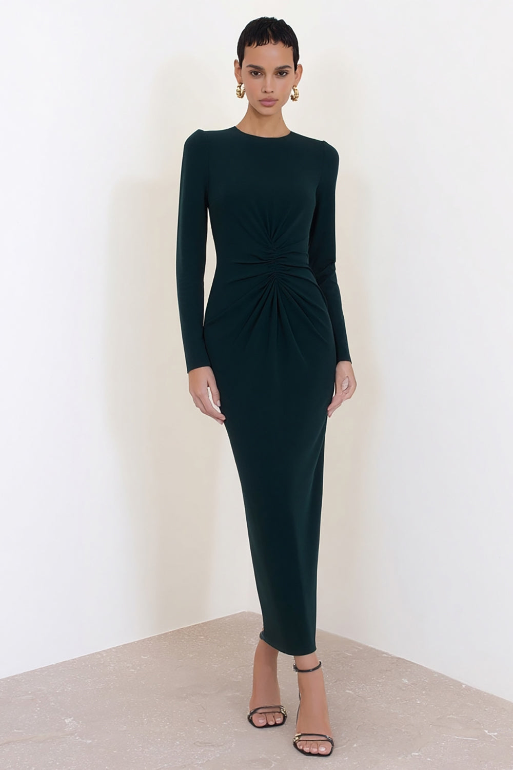 Dark Green Crew Neck Long Pencil Work Dress with Sleeves