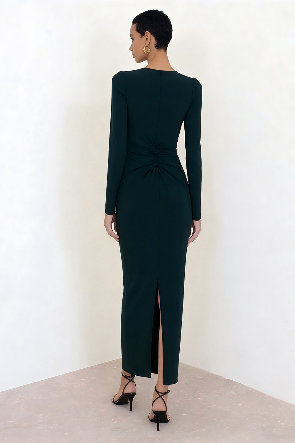 Dark Green Crew Neck Long Pencil Work Dress with Sleeves