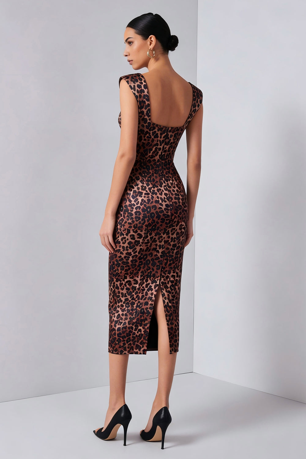 Brown Leopard Print Midi Pencil Work Dress with Slit