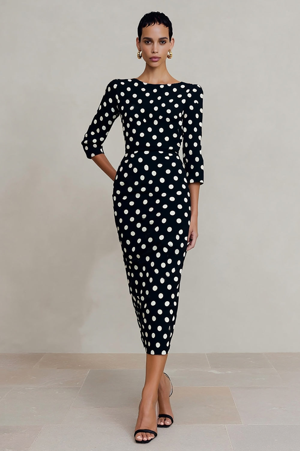 Black and White Bateau Neck Polka Dots Work Dress with Sleeves
