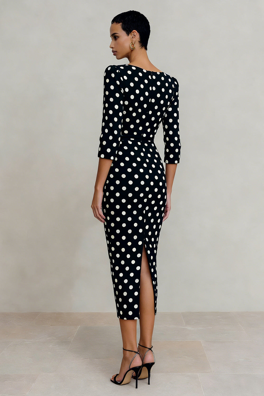 Black and White Bateau Neck Polka Dots Work Dress with Sleeves