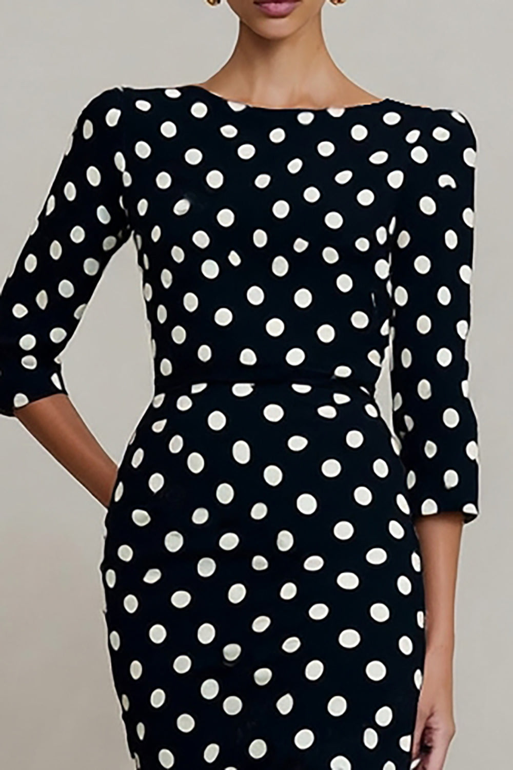 Black and White Bateau Neck Polka Dots Work Dress with Sleeves