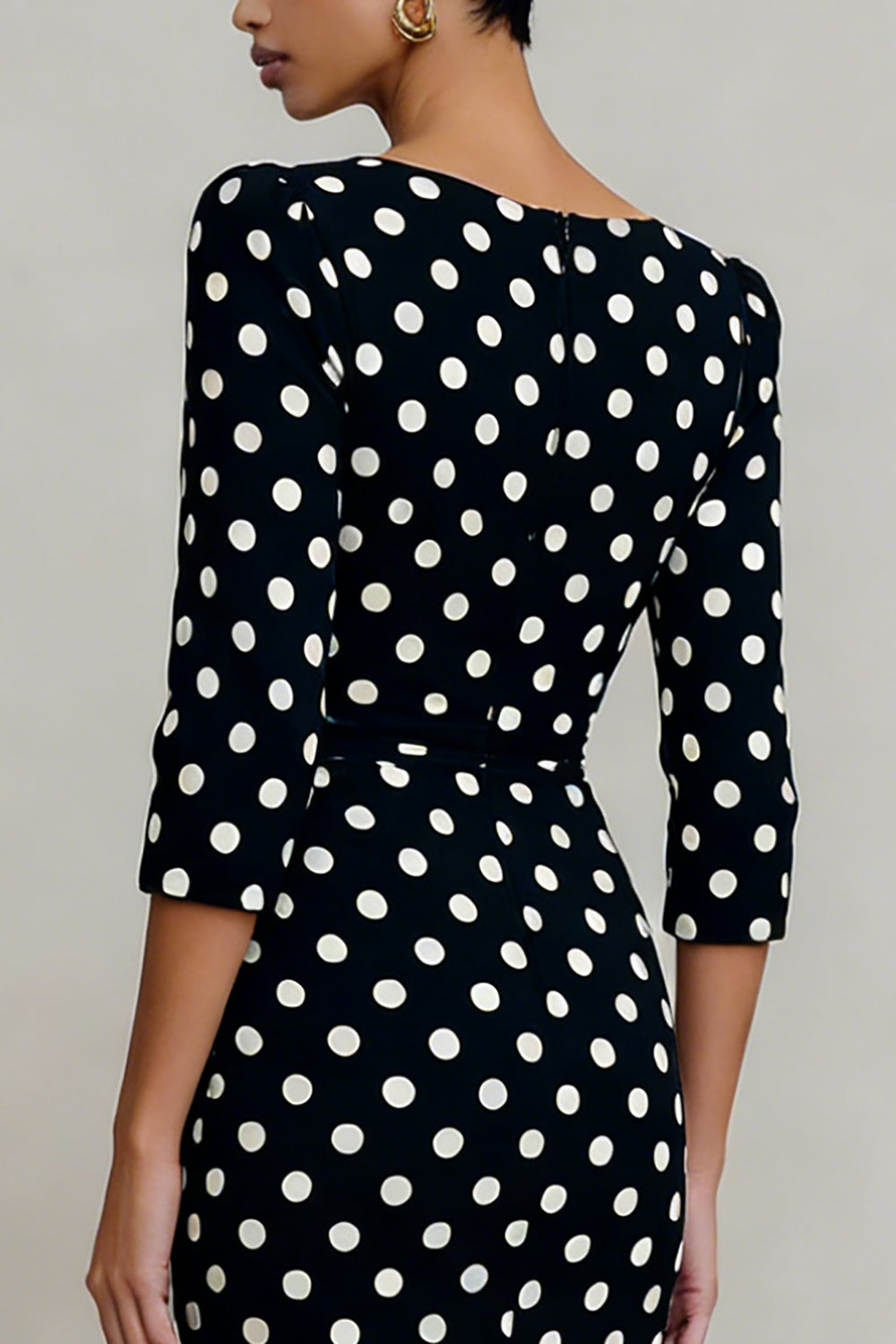 Black and White Bateau Neck Polka Dots Work Dress with Sleeves