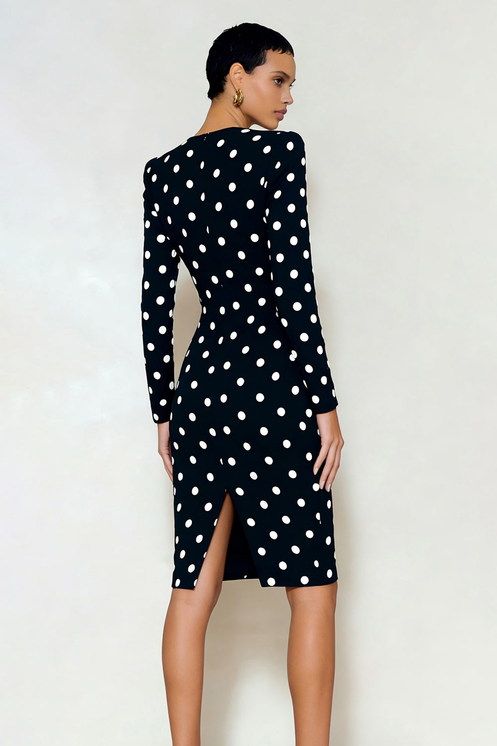 Black and White Pencil Polka Dots Midi Work Dress with Slit