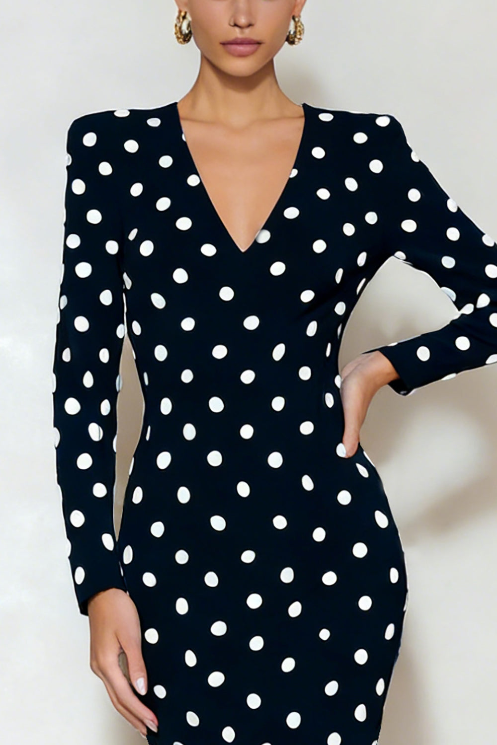 Black and White Pencil Polka Dots Midi Work Dress with Slit