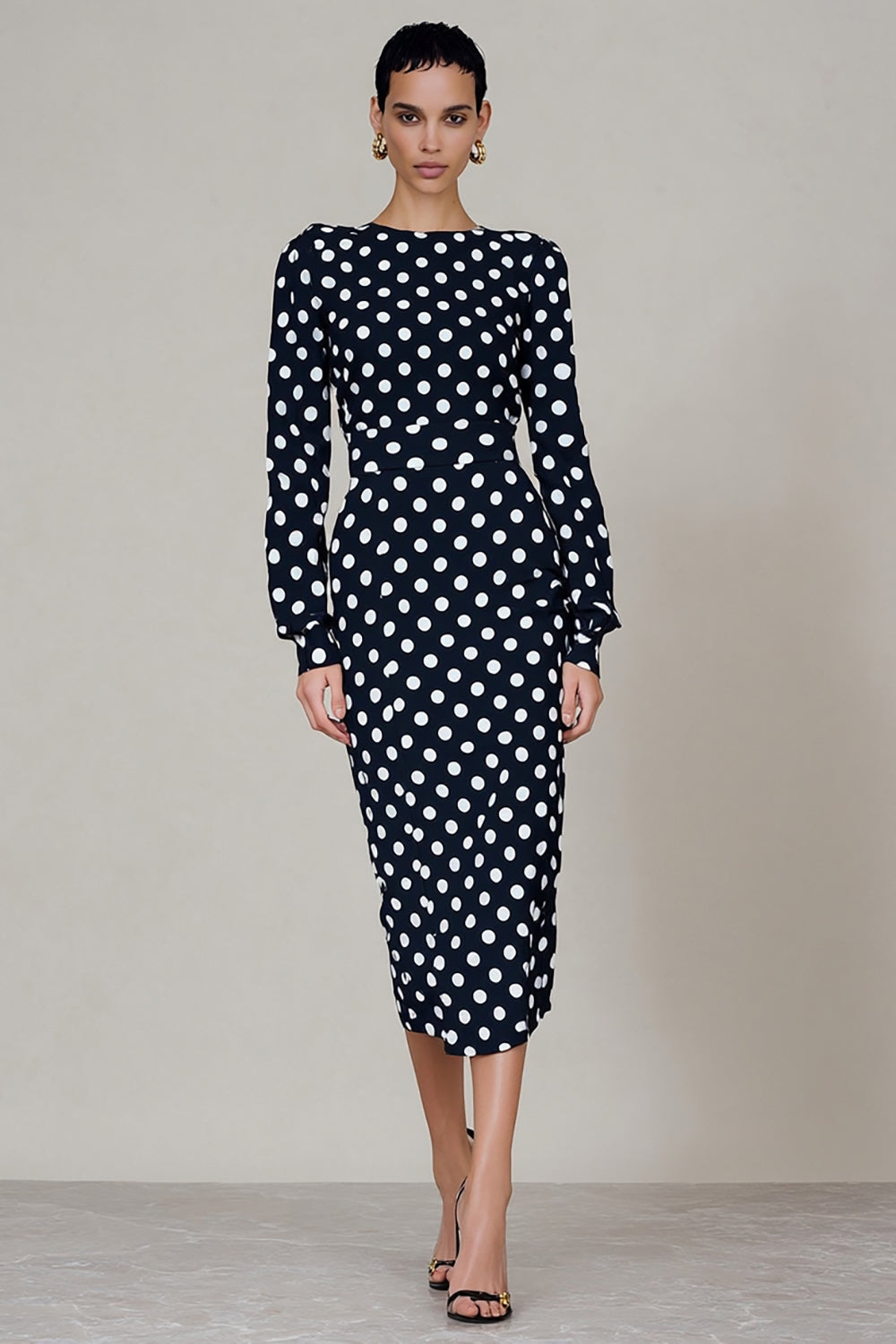 Black and White Crew Neck Polka Dots Midi Work Dress with Sleeves