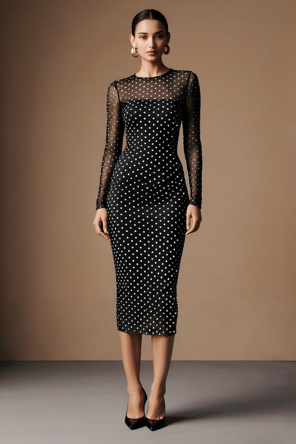Black and White Crew Neck Polka Dots Midi Pencil Work Dress with Sleeves