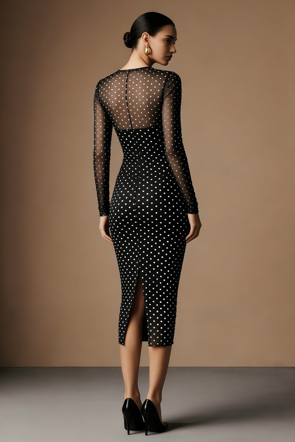 Black and White Crew Neck Polka Dots Midi Pencil Work Dress with Sleeves