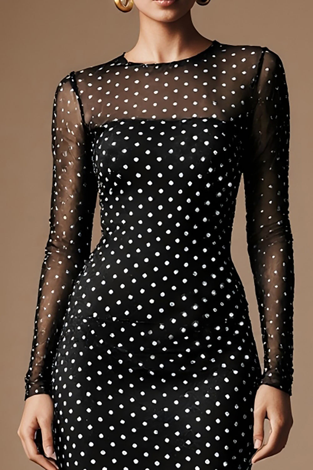 Black and White Crew Neck Polka Dots Midi Pencil Work Dress with Sleeves