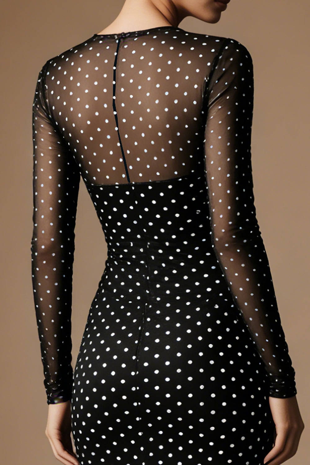 Black and White Crew Neck Polka Dots Midi Pencil Work Dress with Sleeves