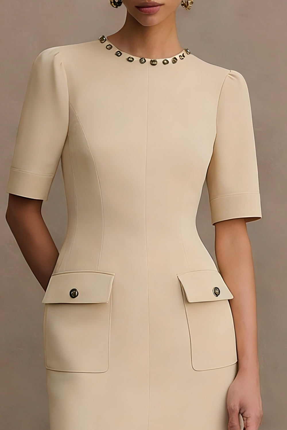 Ivory Crew Neck Short Pencil Work Dress with Sleeves