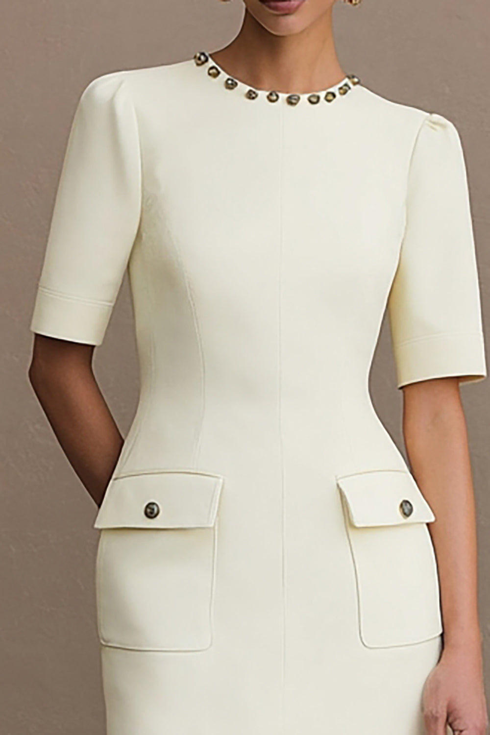 Ivory Crew Neck Short Pencil Work Dress with Sleeves