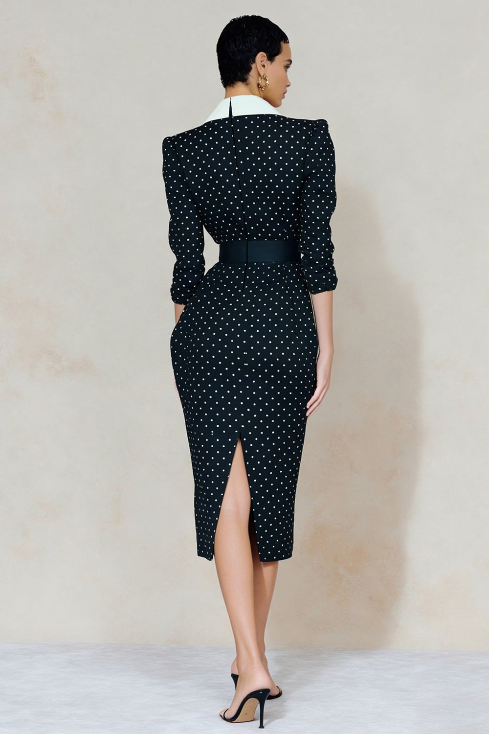 Navy and White Peak Lapel Polka Dots Midi Blazer Dress with Slit
