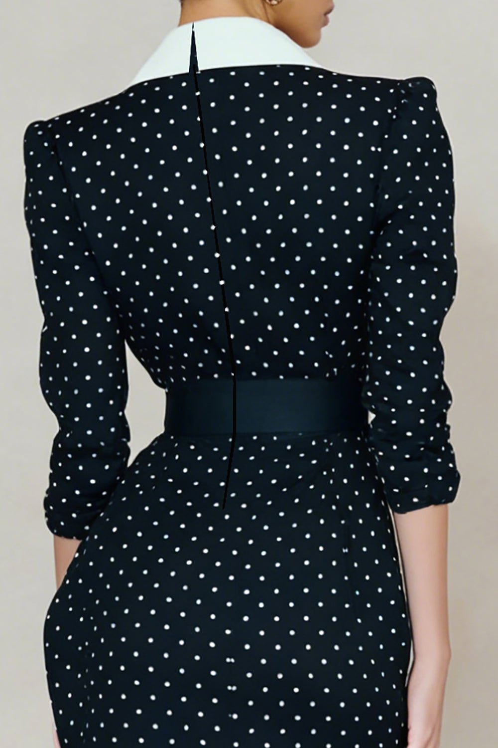 Navy and White Peak Lapel Polka Dots Midi Blazer Dress with Slit