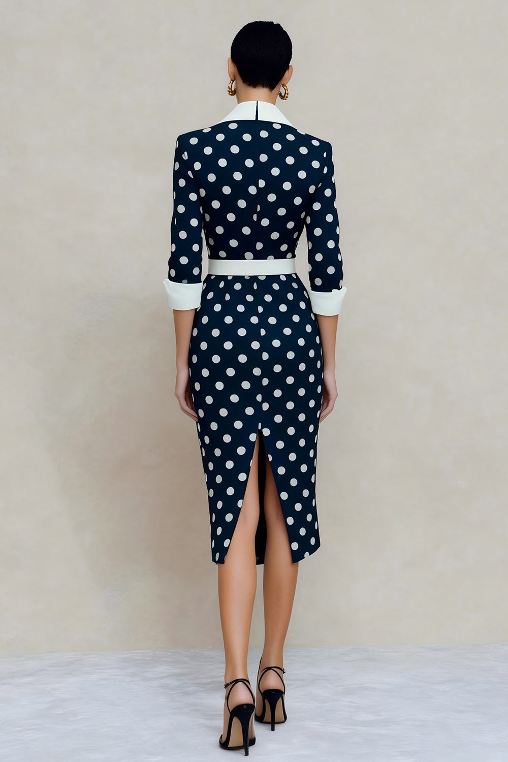 Navy and White Dots Pencil Notched Lapel Midi Blazer Dress with Belt