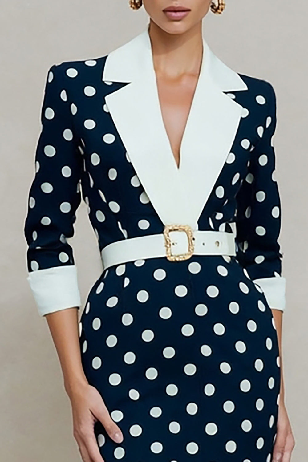 Navy and White Dots Pencil Notched Lapel Midi Blazer Dress with Belt
