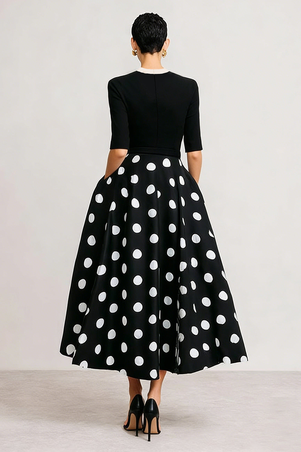 Black and White Polka Dots A Line Short Sleeves Work Dress with Bow