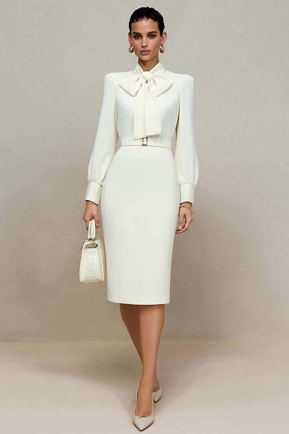 Ivory Long Sleeves Pencil Midi Work Dress with Bow
