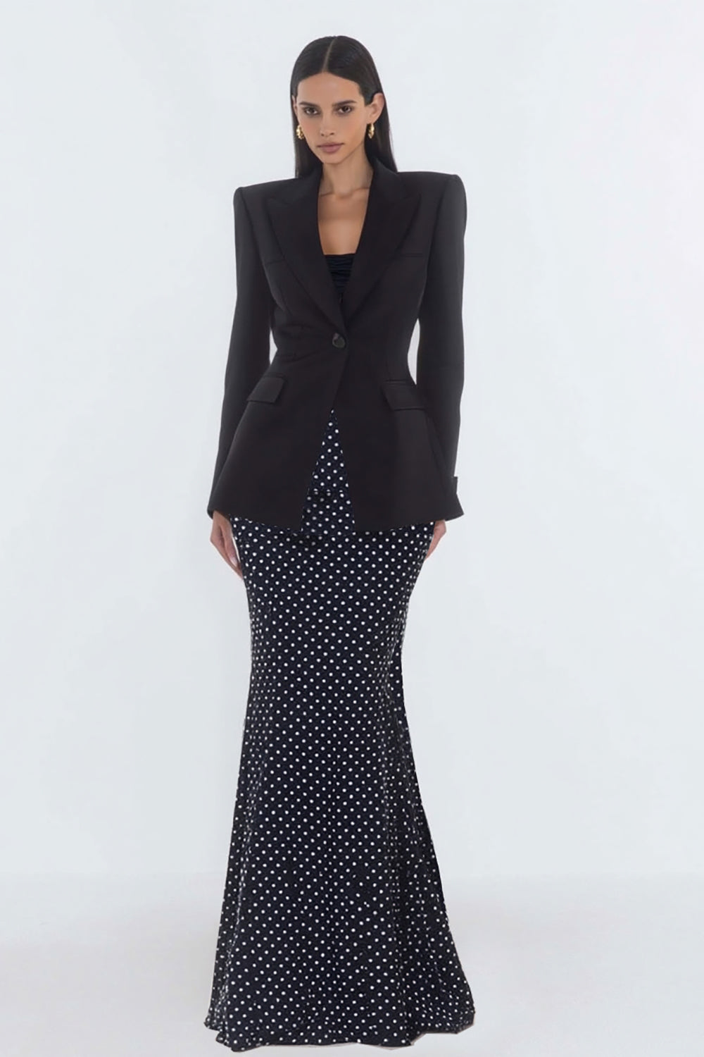 2 Piece Black Polka Dots Mermaid Peak Lapel Long Business Suits