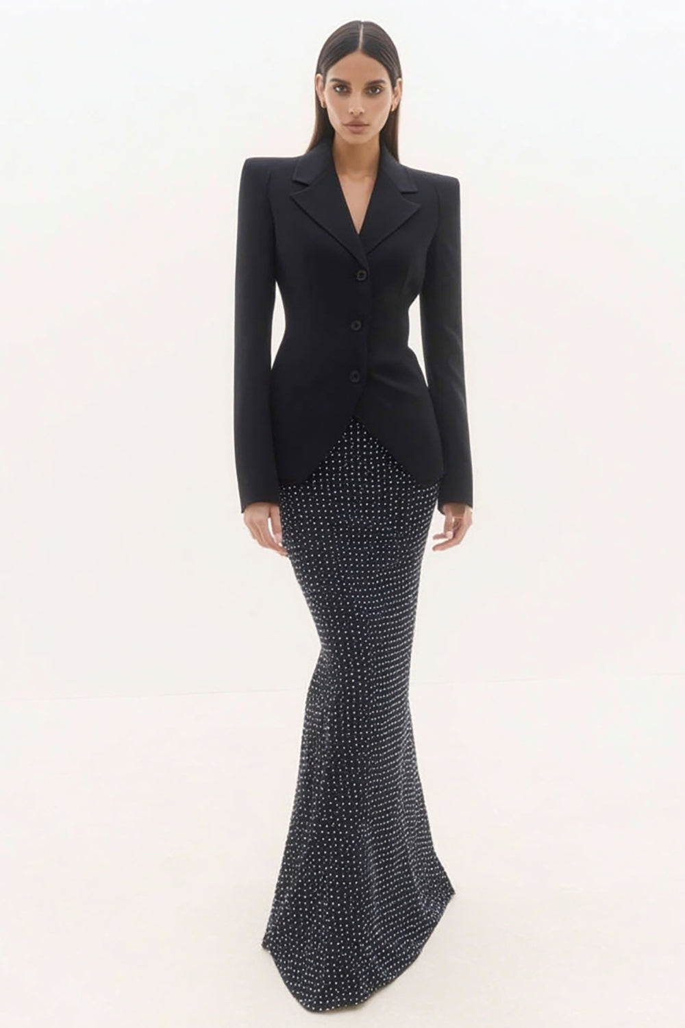 Black 2 Piece Notched Lapel Polka Dots Mermaid Long Business Suits