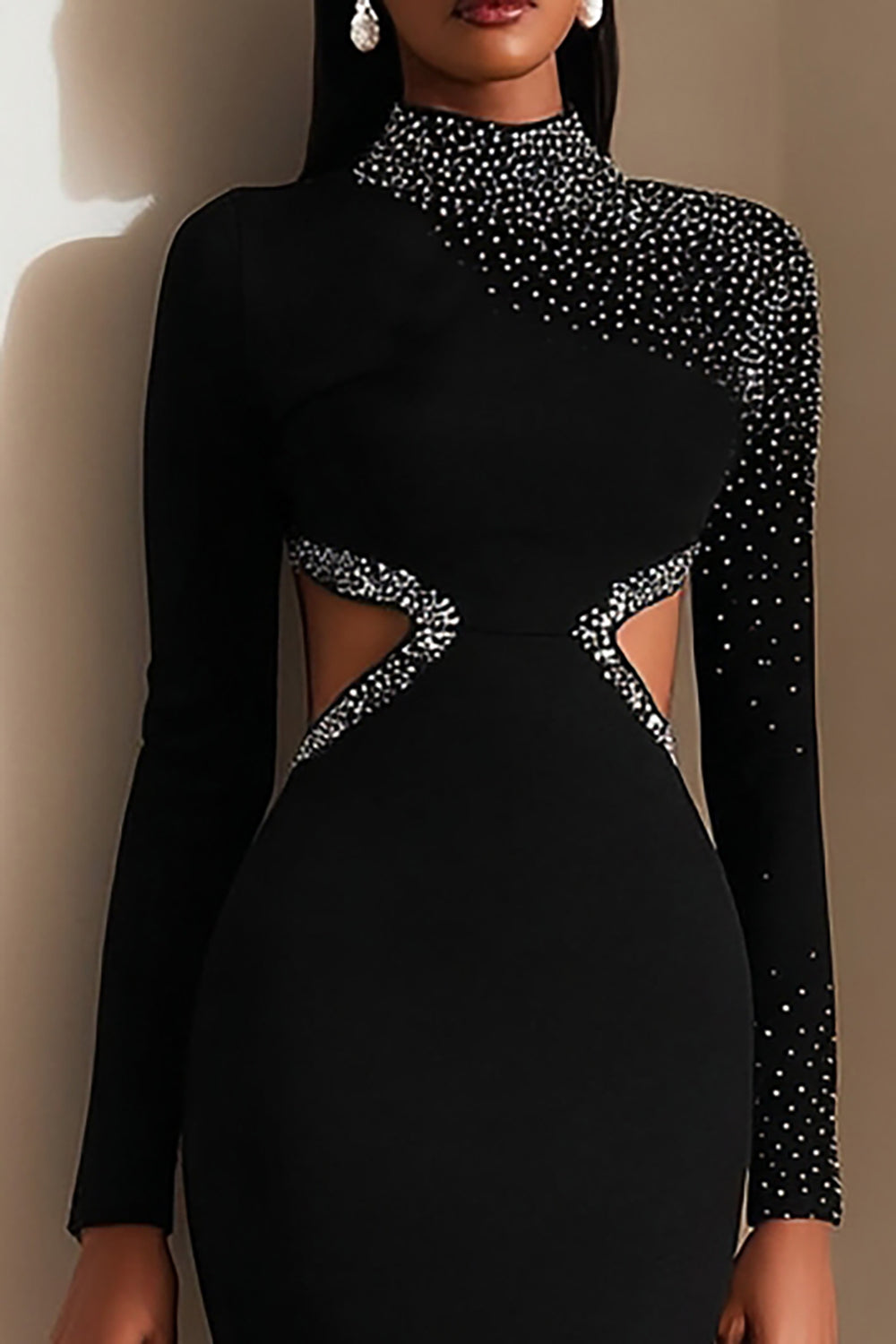 Sparkly Black Cut Out High Neck Midi Pencil Work Dress with Slit