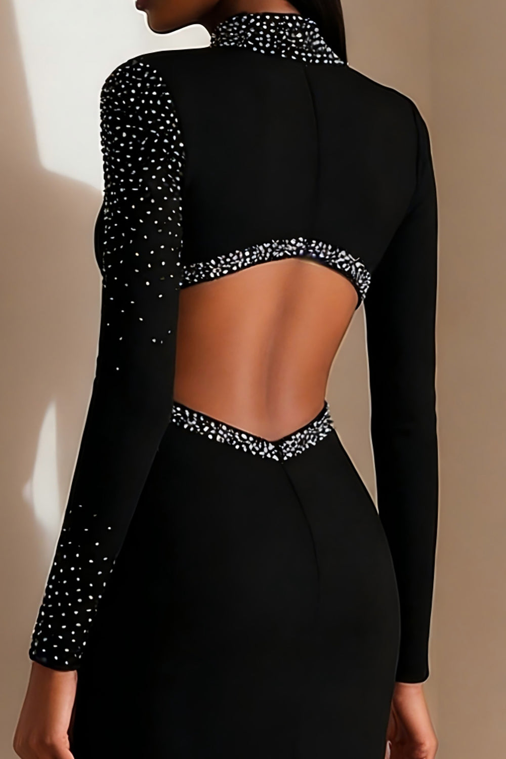 Sparkly Black Cut Out High Neck Midi Pencil Work Dress with Slit