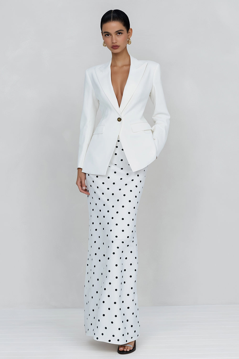 2 Piece Ivory Peak Lapel Polka Dots Long Sheath Business Suits