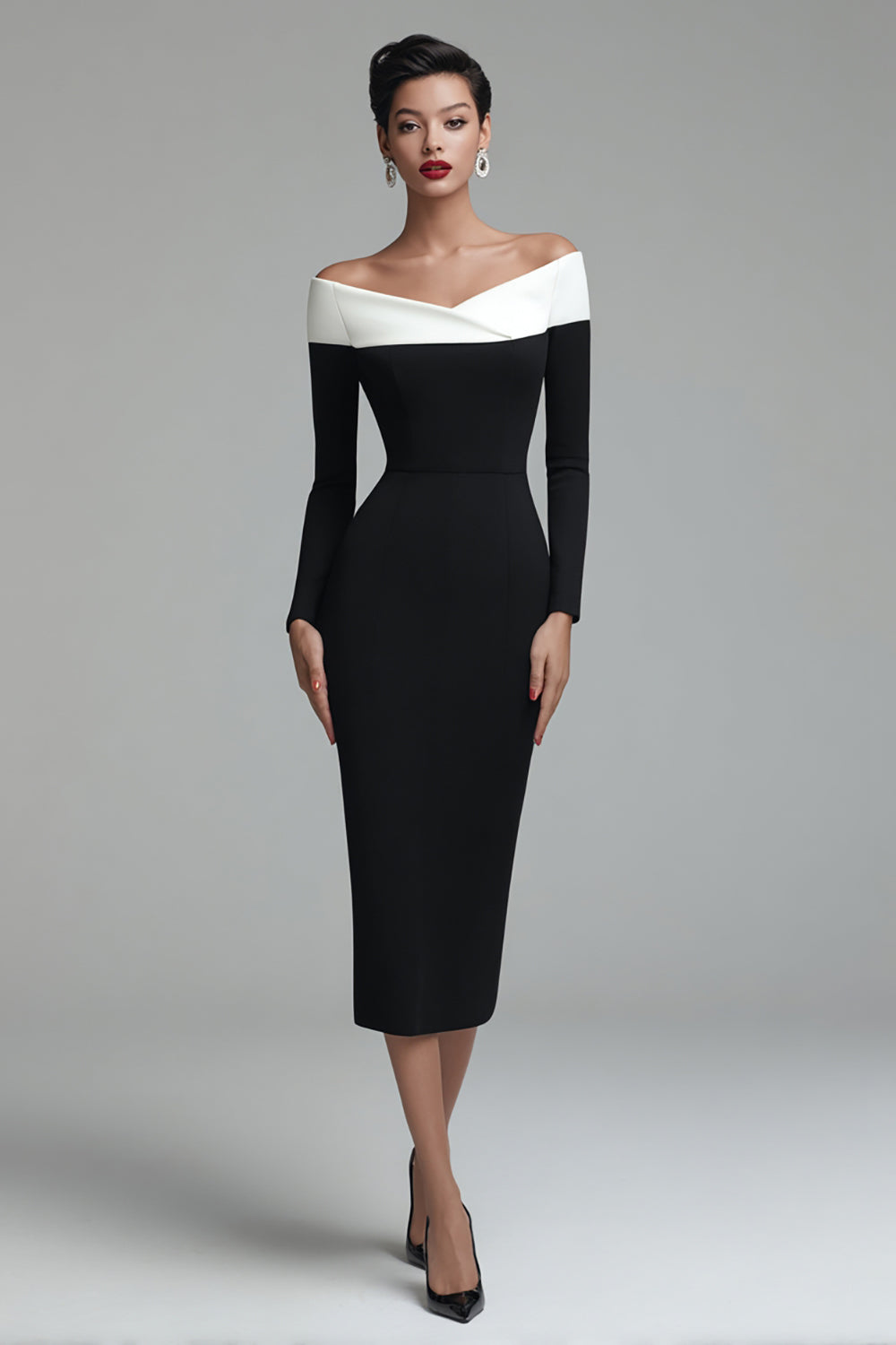 Black Off the Shoulder Midi Pencil Work Dress with Sleeves
