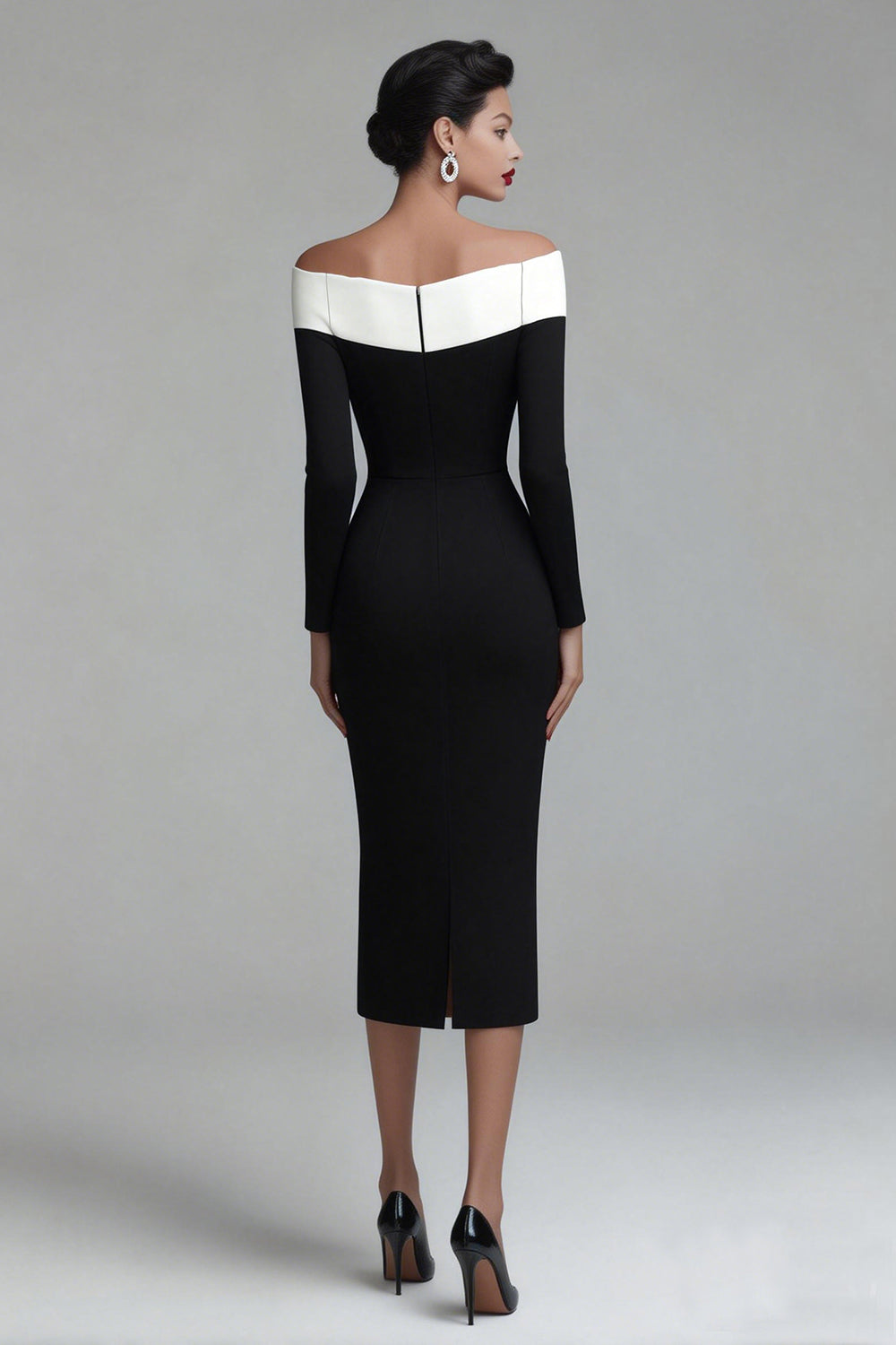 Black Off the Shoulder Midi Pencil Work Dress with Sleeves
