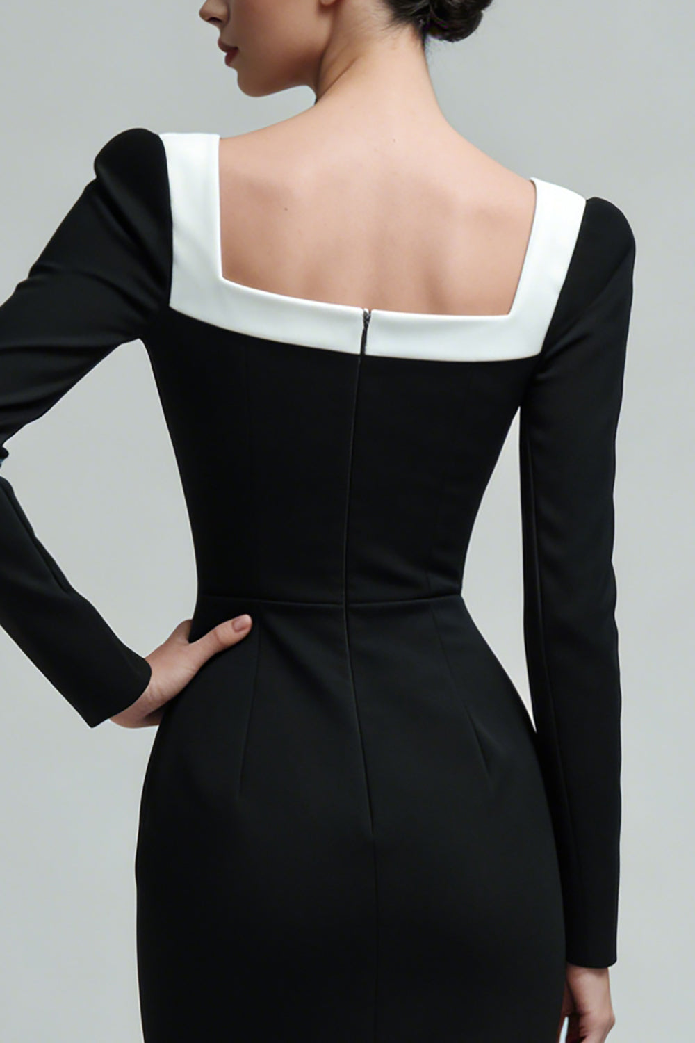 Black Square Neck Bodycon Long Sleeves Midi Work Dress with Slit