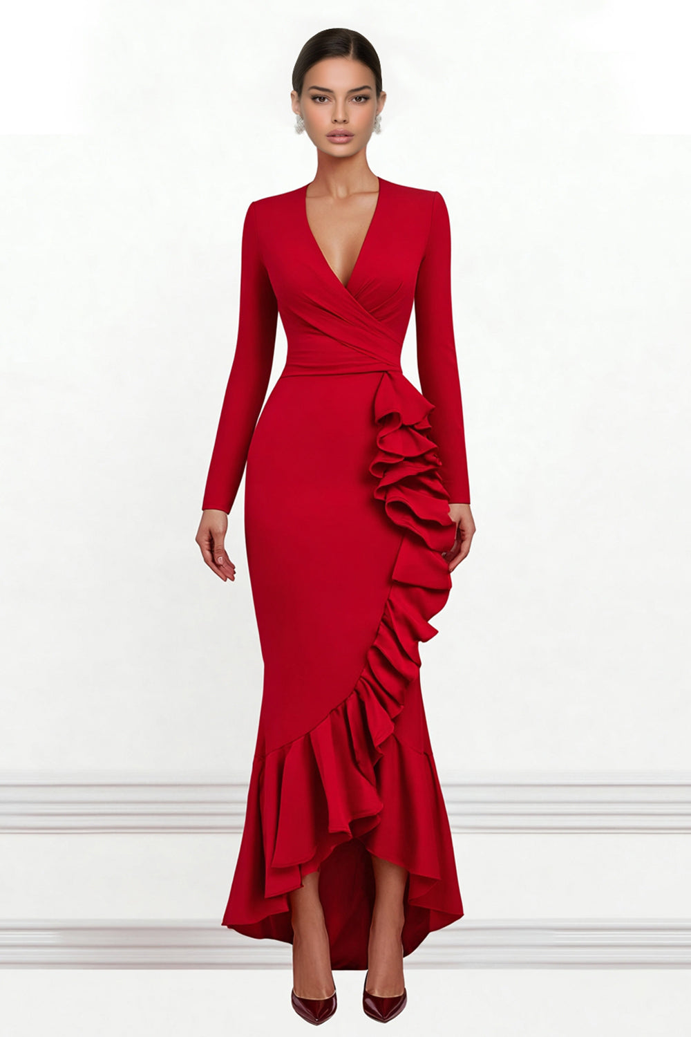Red Ruffled V Neck Asymmetrical Mermaid Formal Dress with Sleeves