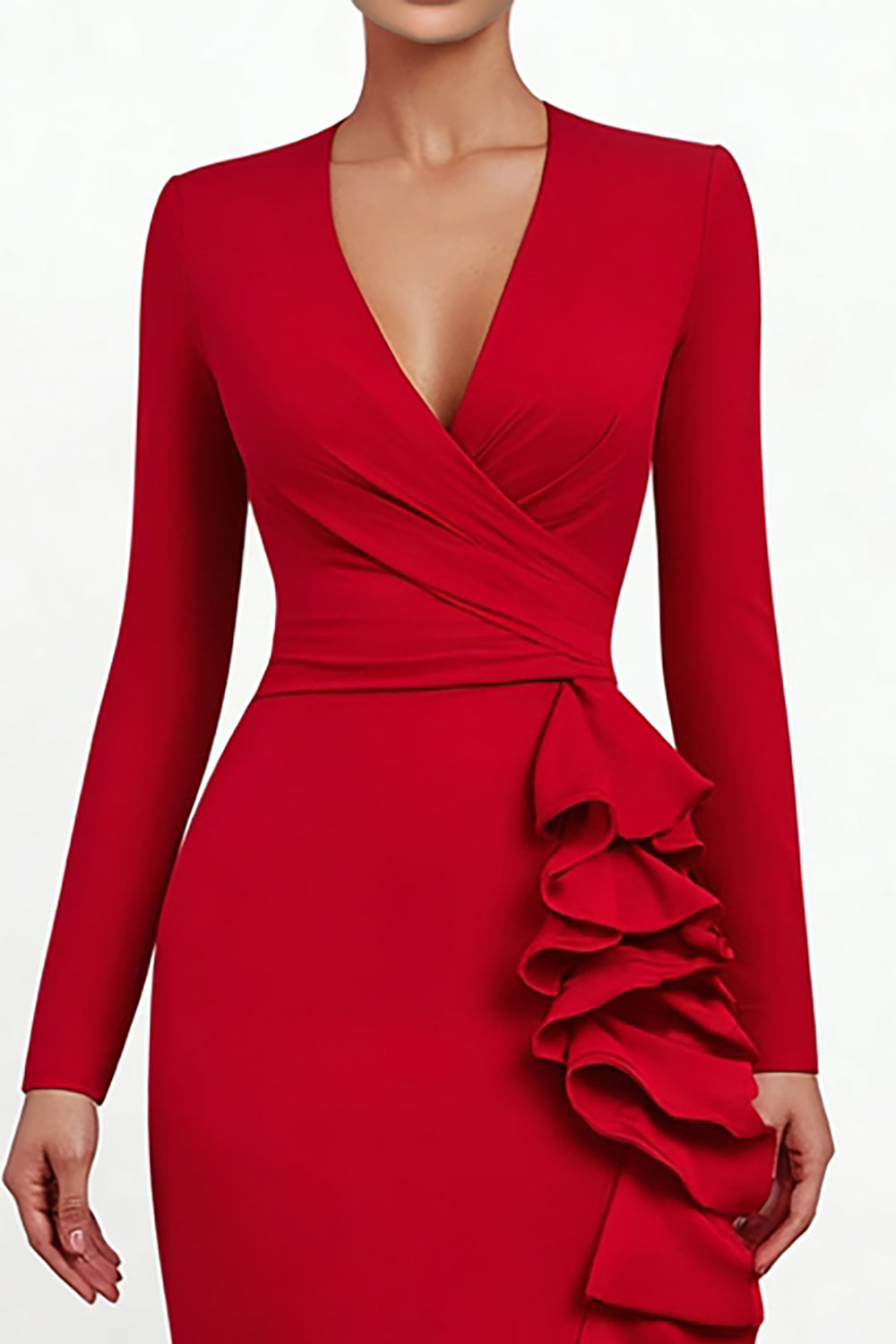 Red Ruffled V Neck Asymmetrical Mermaid Formal Dress with Sleeves