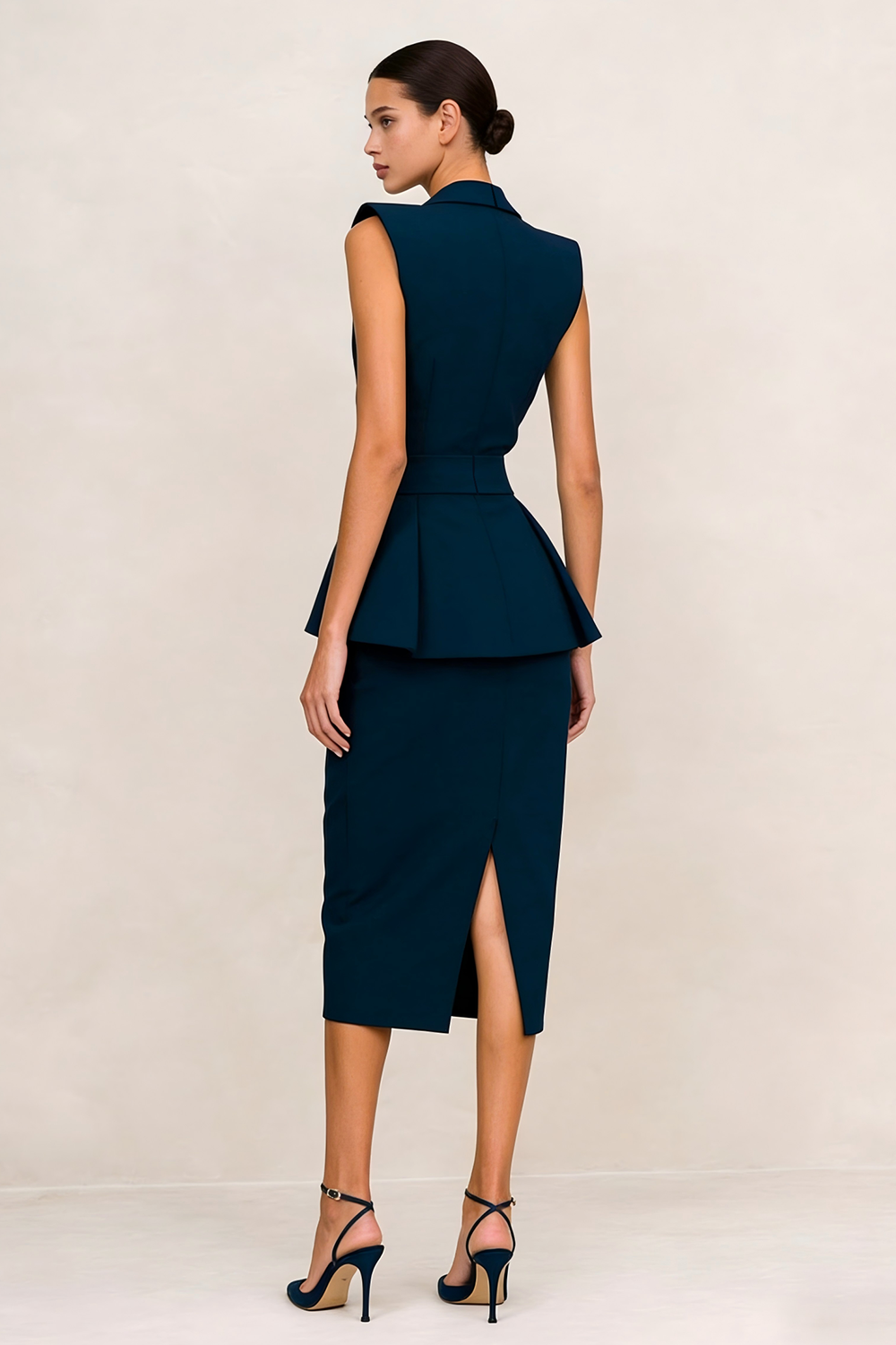 Navy Ruffled Peak Lapel V Neck Midi Bodycon Blazer Dress with Slit