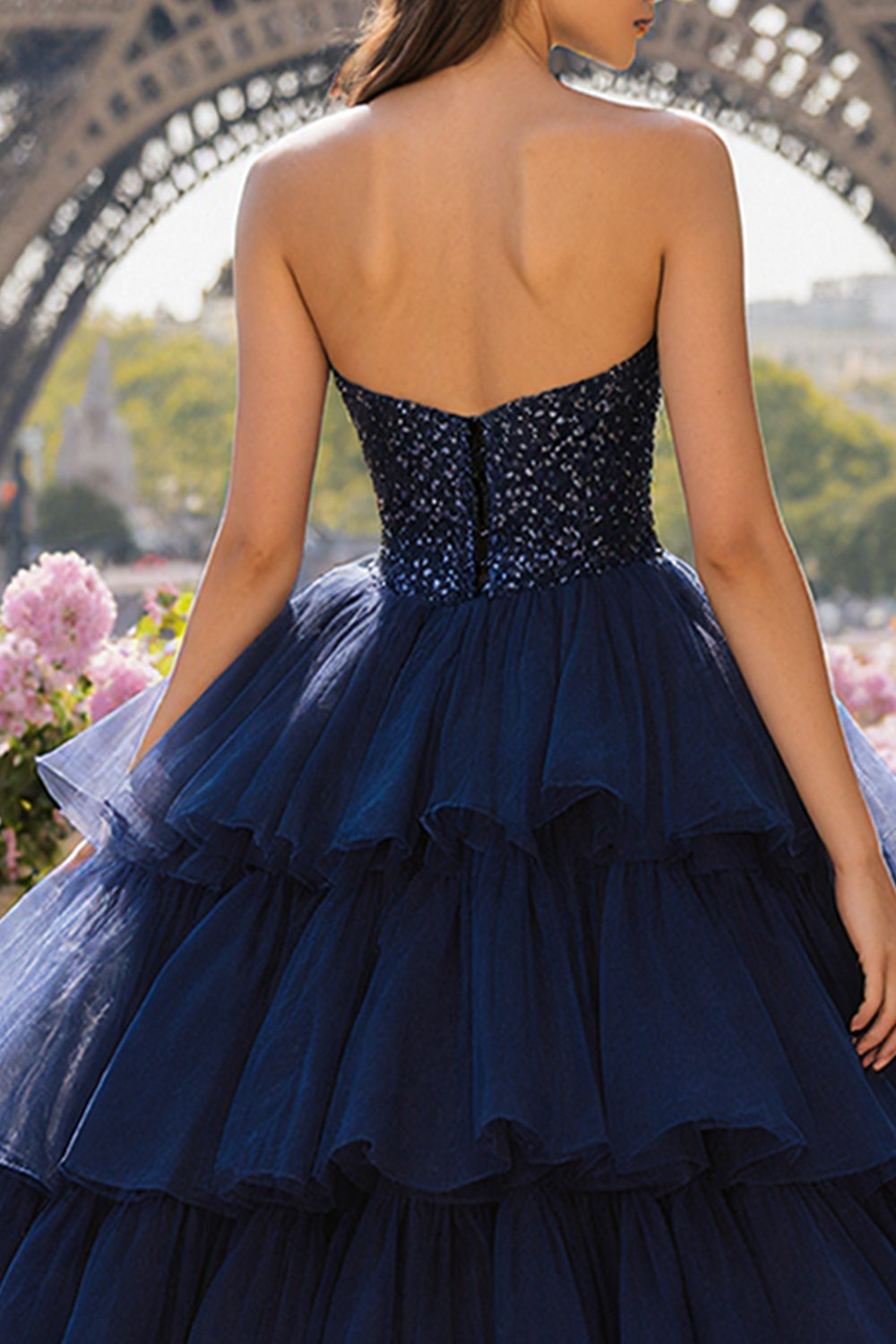 Sparkly Navy Tulle Beaded Sweetheart Long Prom Dress with Slit