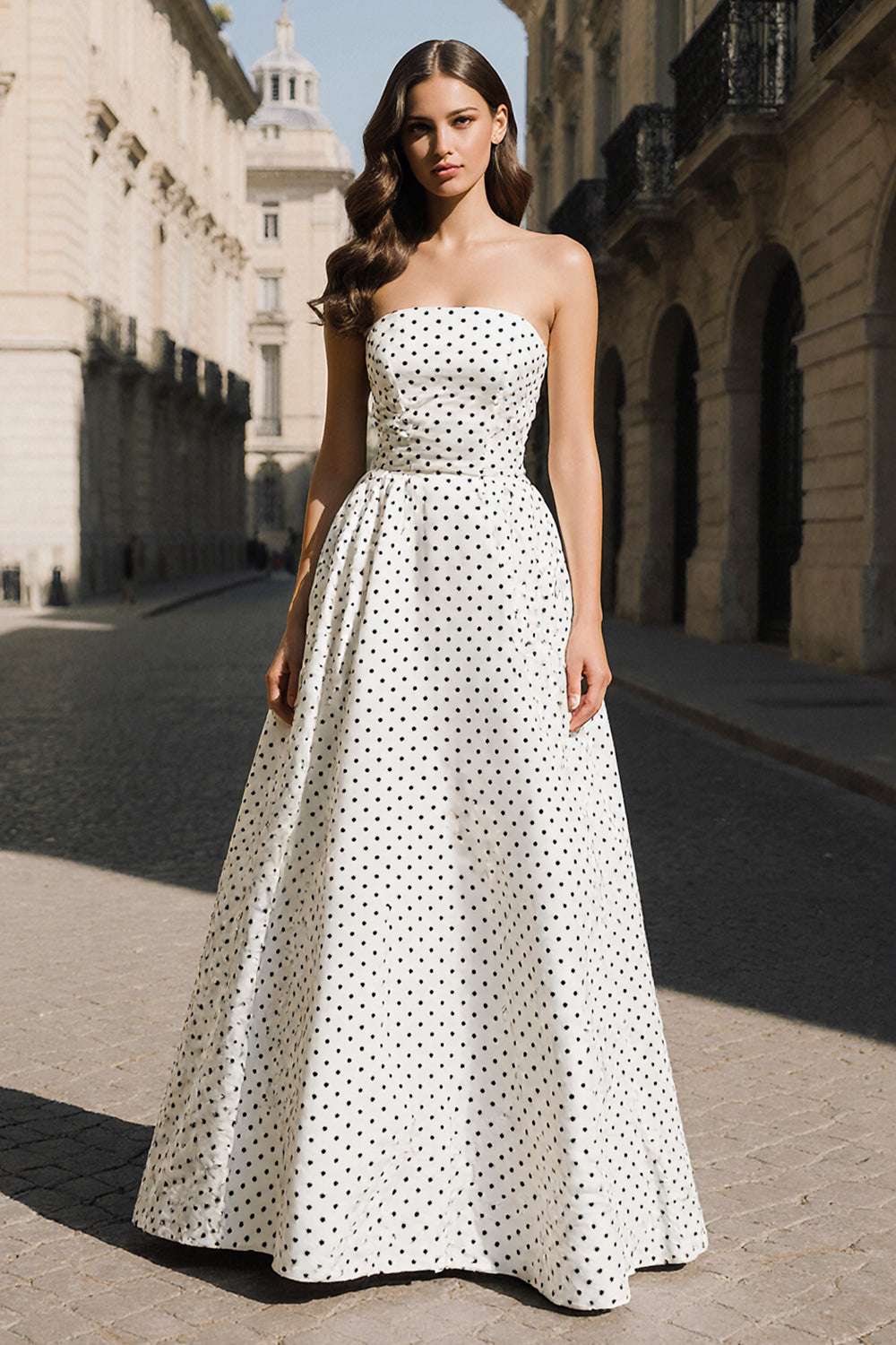 Black and White A Line Polka Dots Strapless Long Prom Dress