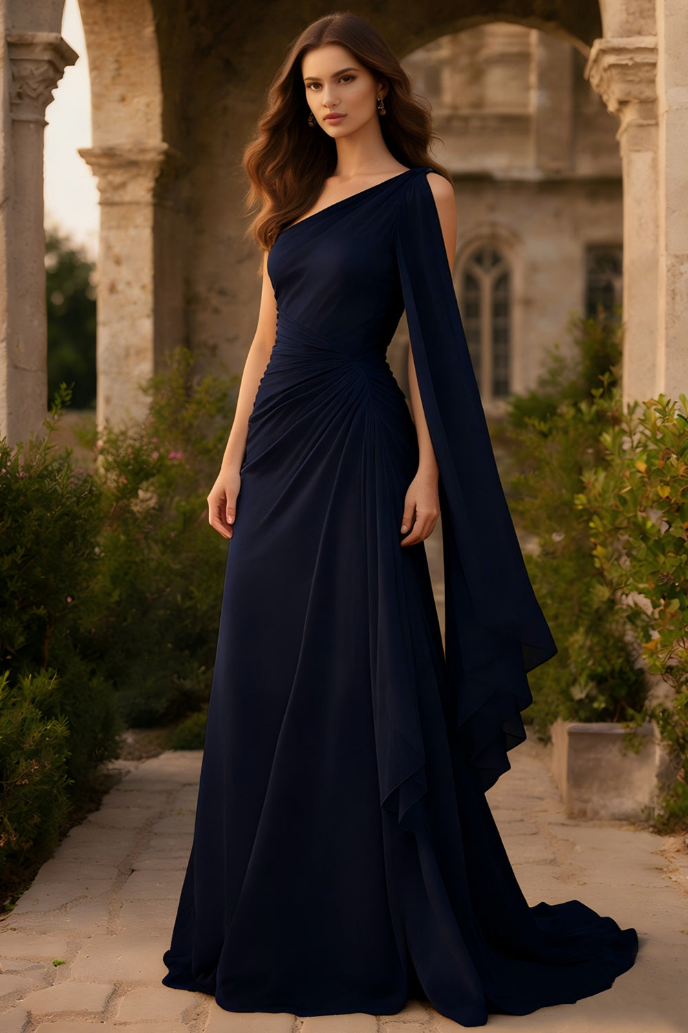 Navy One Shoulder Ruched Sheath Long Prom Dress with Side Cape