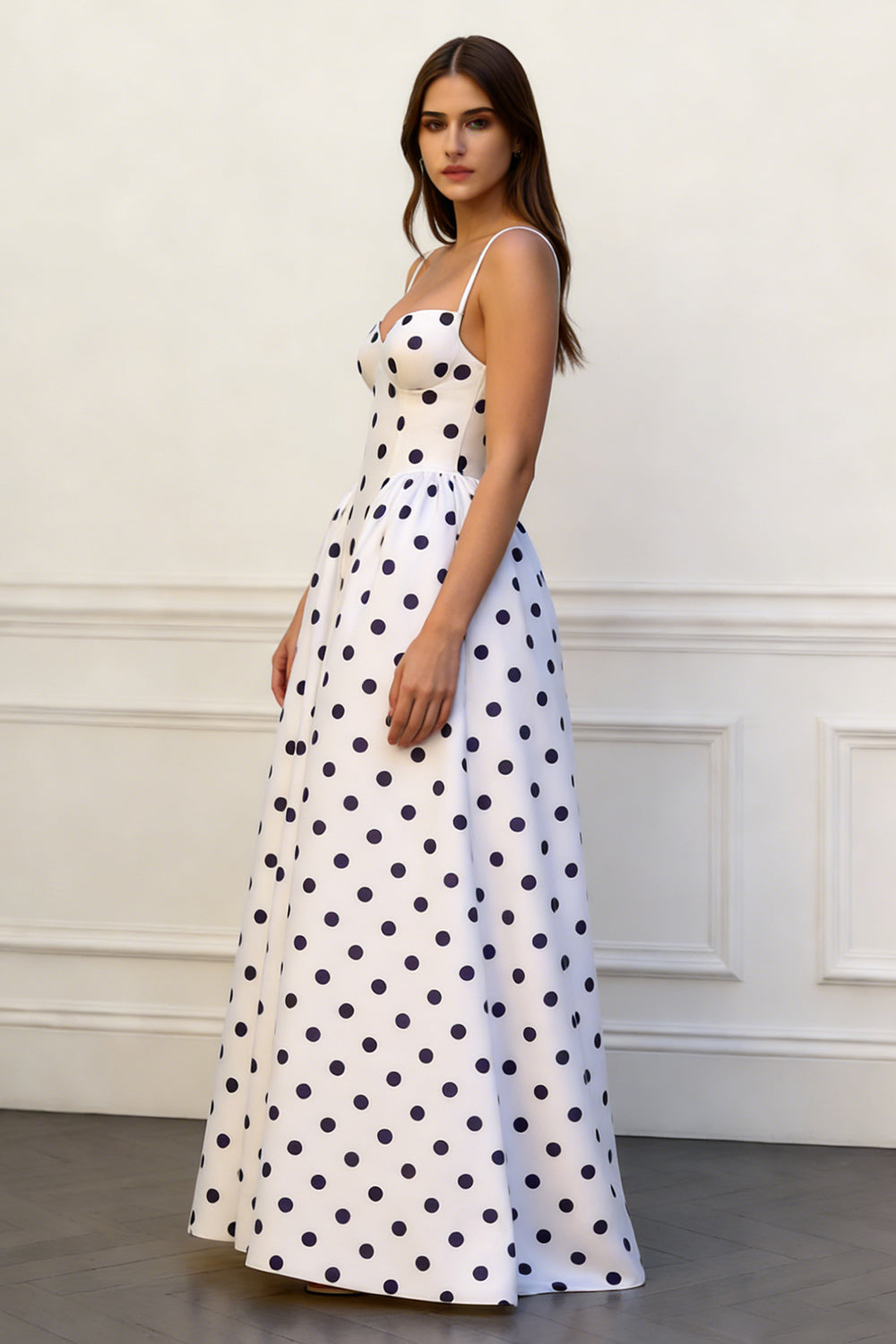 Black and White A Line Spaghetti Straps Polka Dots Long Prom Dress