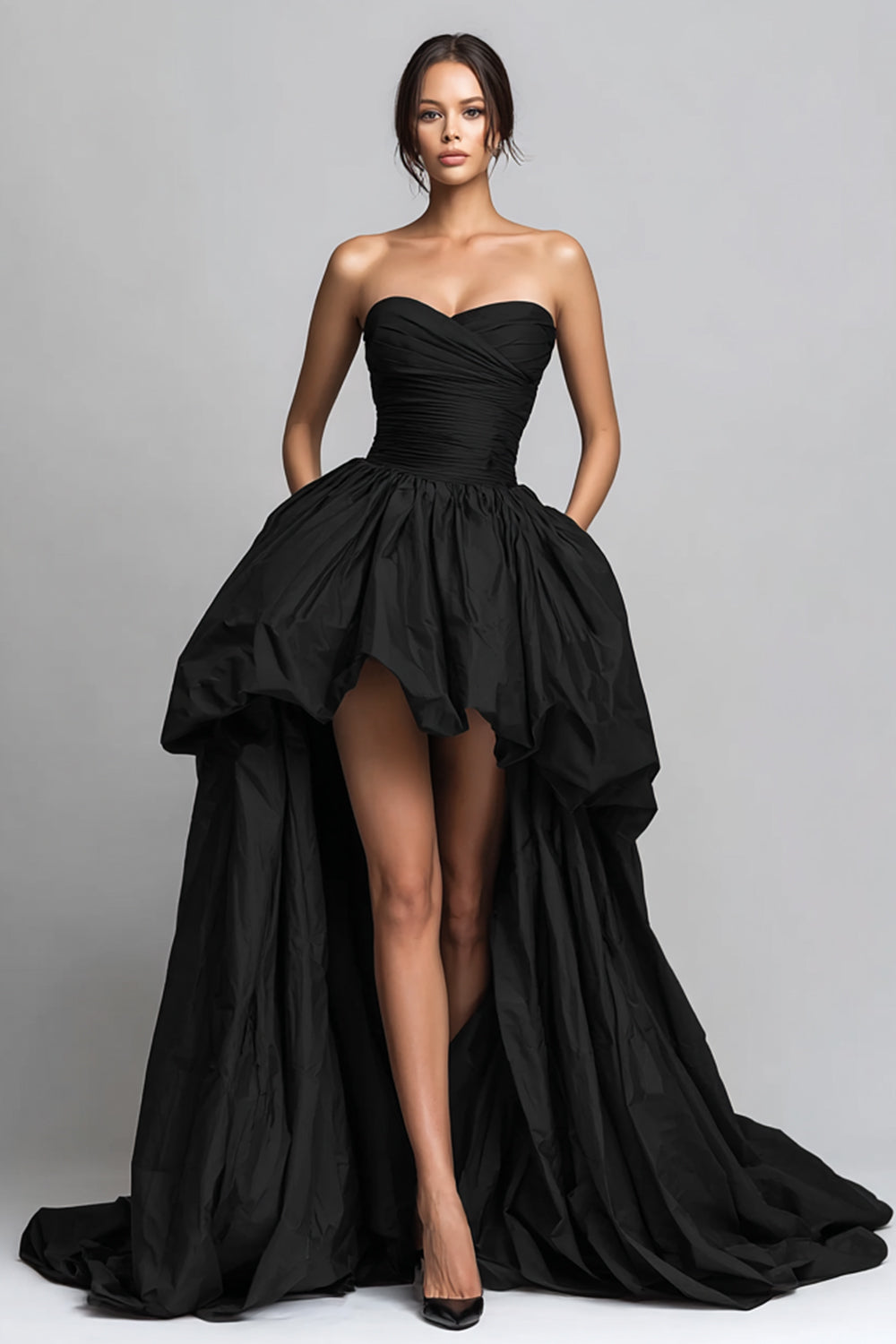 Black Ruched Sweetheart High-Low Prom Dress