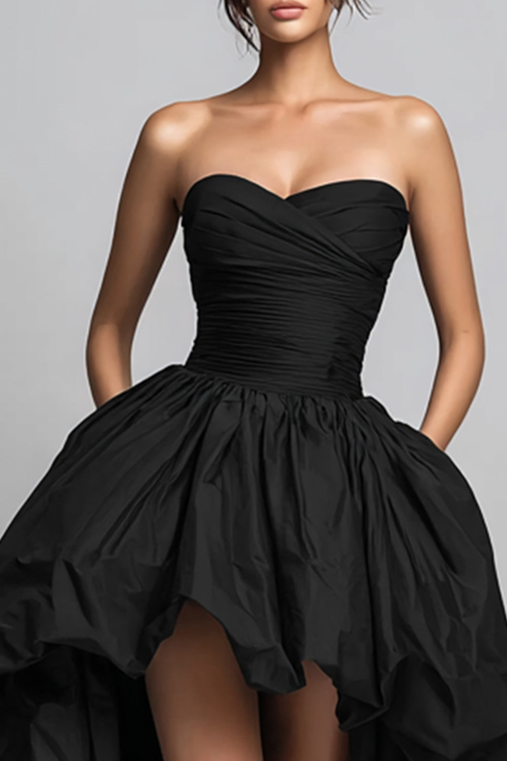 Black Ruched Sweetheart High-Low Prom Dress