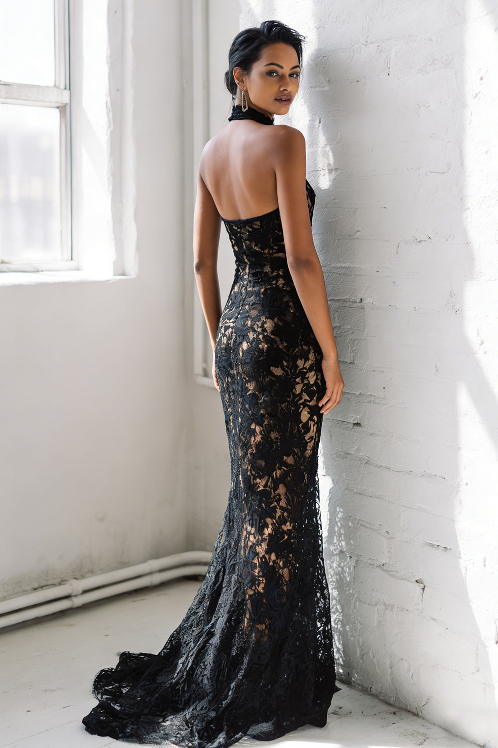 Black Lace Mermaid Halter Long Prom Dress