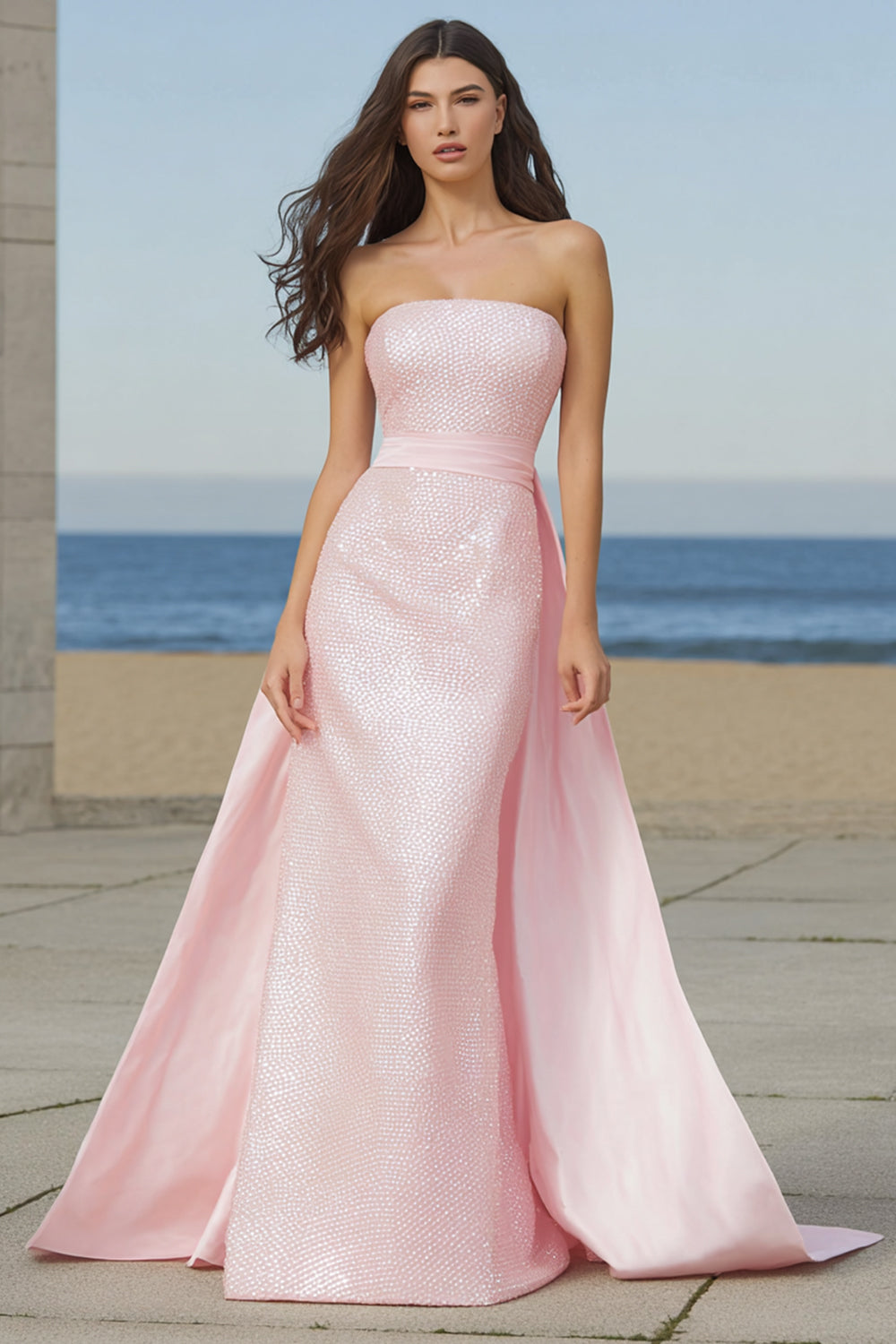 Sparkly Light Pink Sequin Strapless Long Prom Dress with Cape