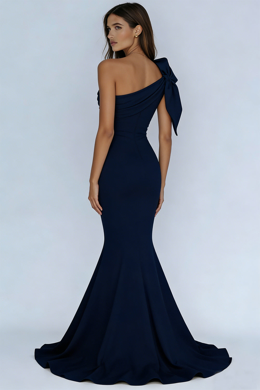Navy One Shoulder Ruched Mermaid Long Prom Dress