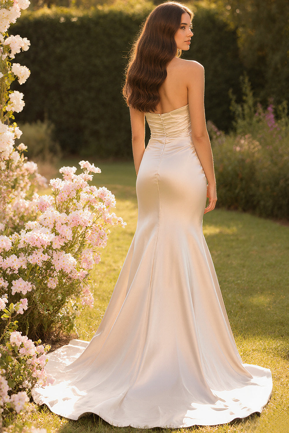 Champagne Sweetheart Mermaid Satin Long Prom Dress