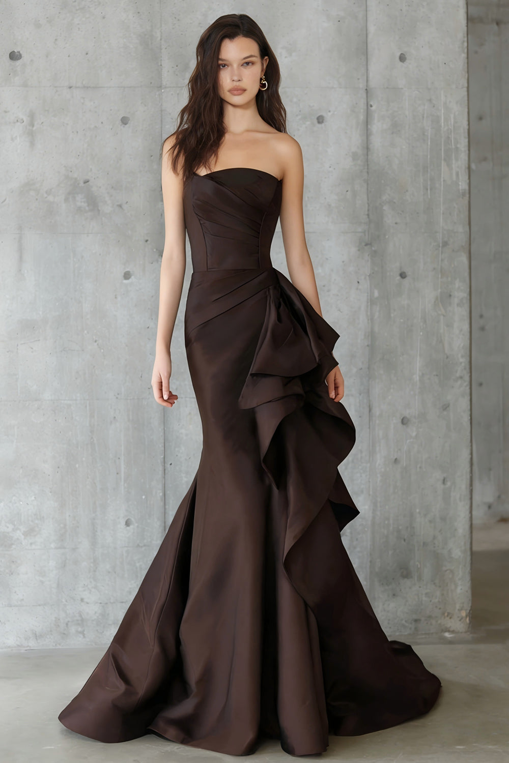 Coffee Strapless Mermaid Ruffled Long Evening Dress