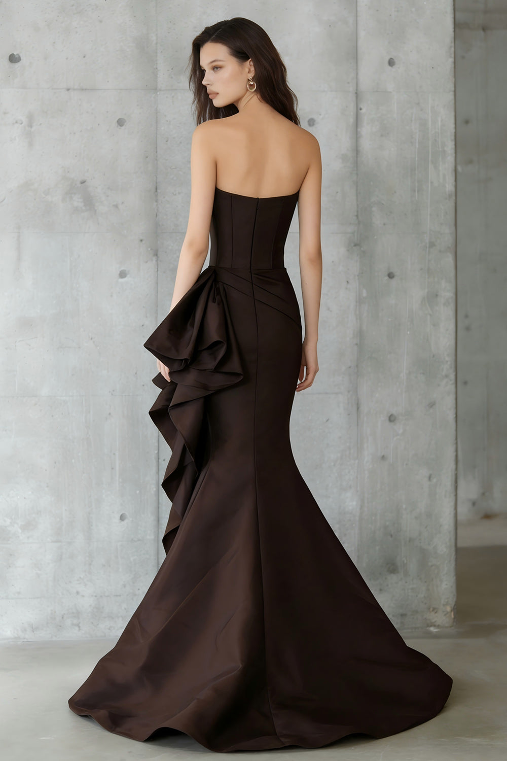 Coffee Strapless Mermaid Ruffled Long Evening Dress