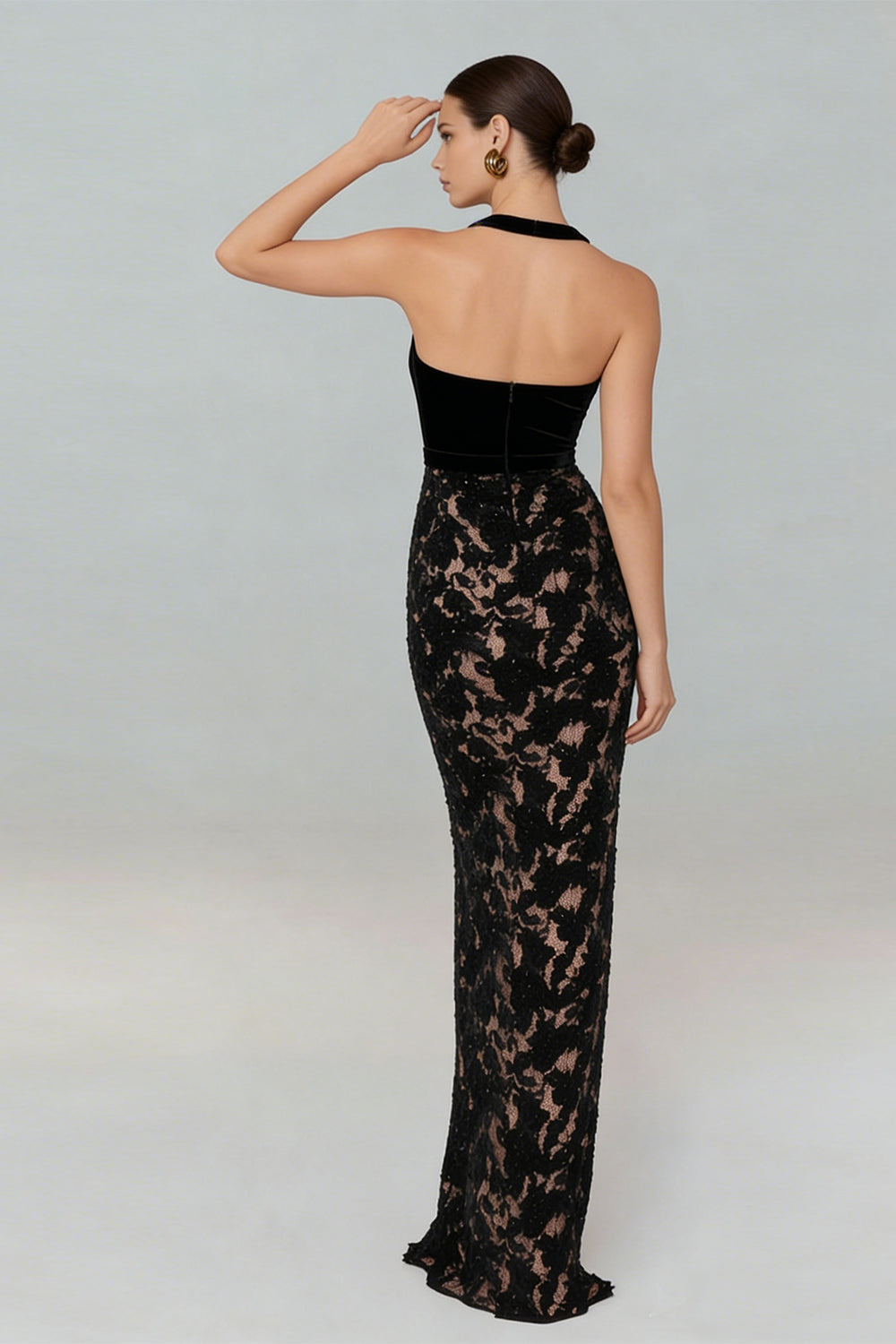 Black Mermaid Halter Neck Long Evening Dress with Lace
