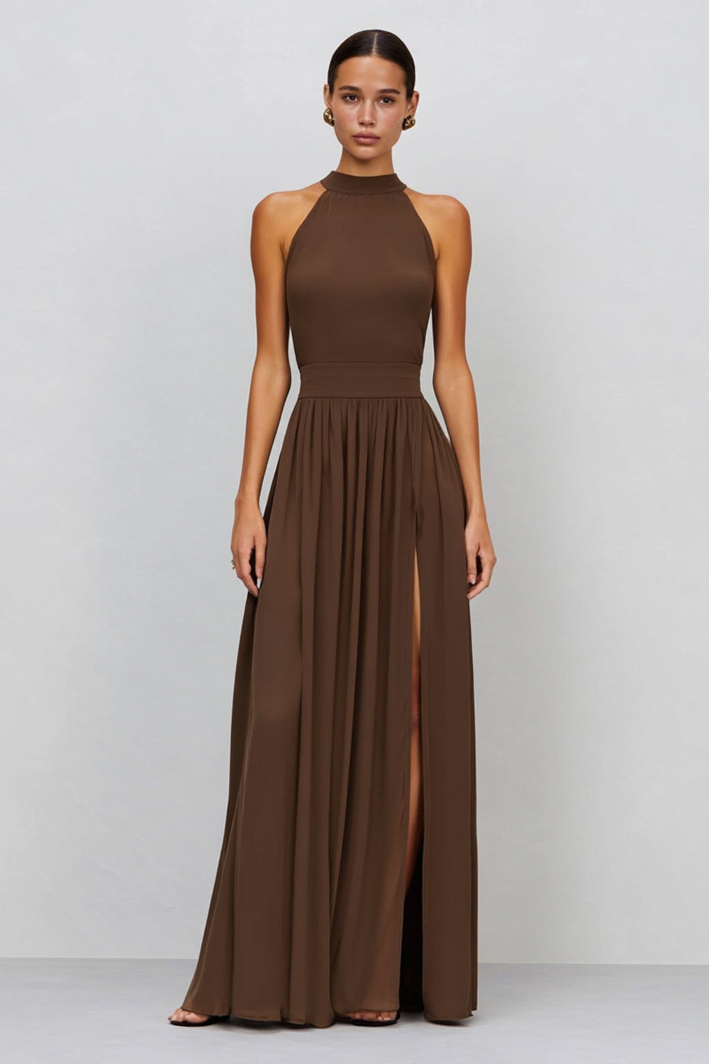 Brown High Neck A Line Pleated Long Evening Dress with Slit
