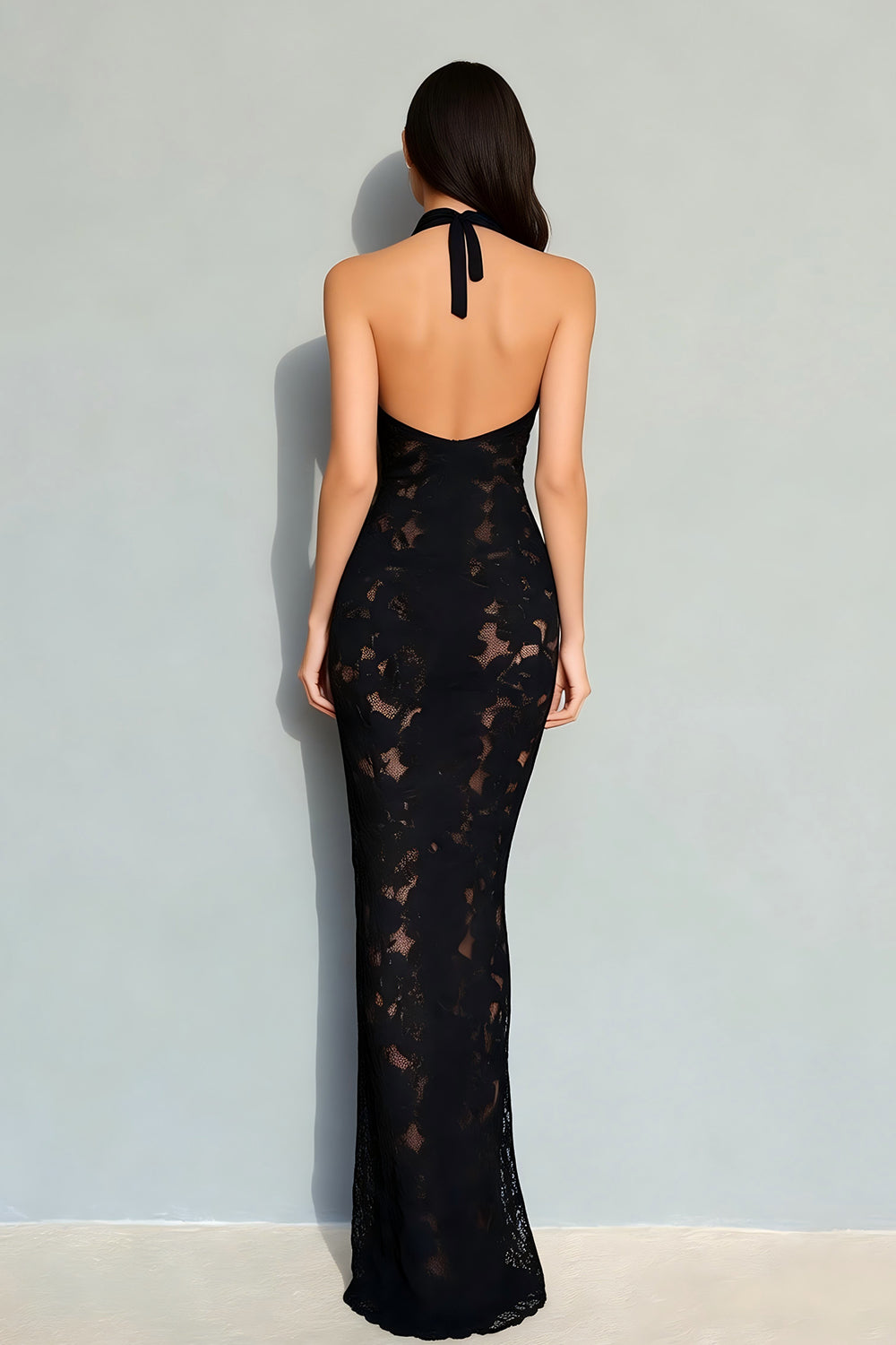 Black Halter Neck Backless Mermaid Long Lace Evening Dress
